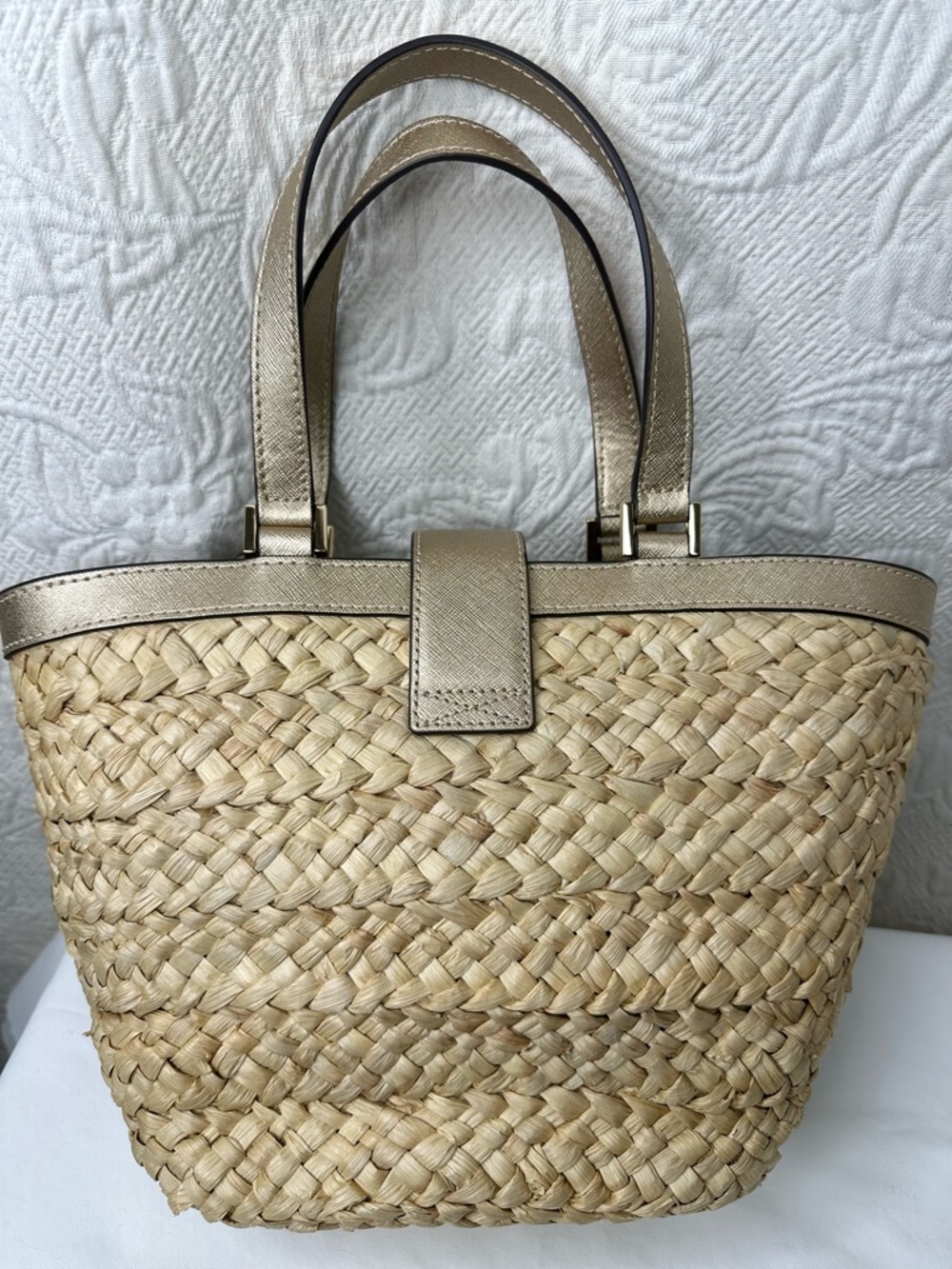 Michael Kors Cecelia Straw Tote with Green Leaf Appliqués and Gold Leather Trim - Picture 5 of 16